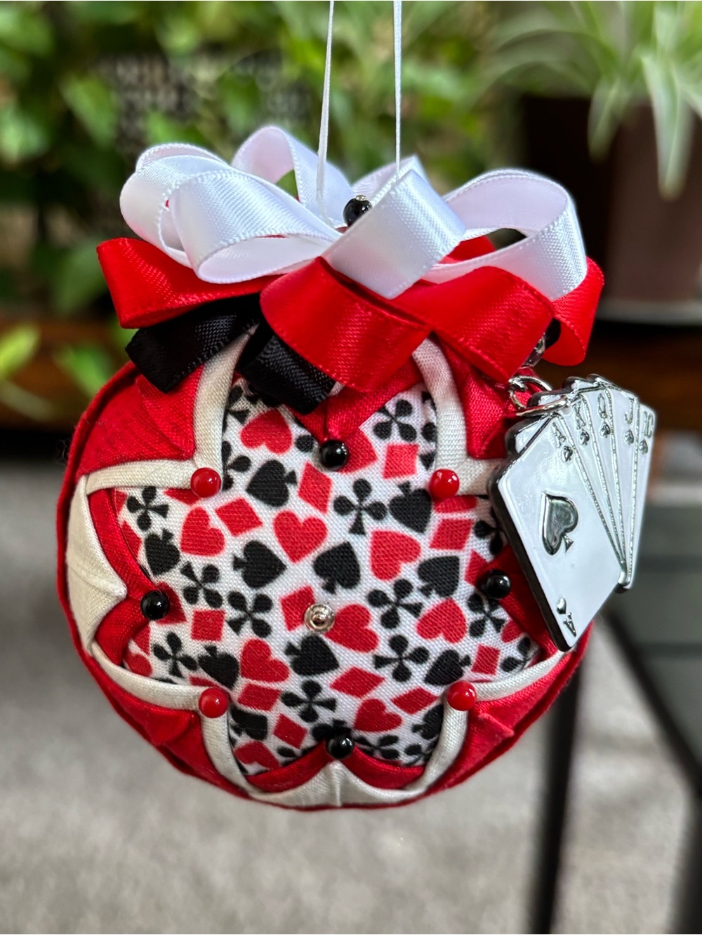 Red and White Card-Suit Fabric Holiday Ornament with Silver Card Charm